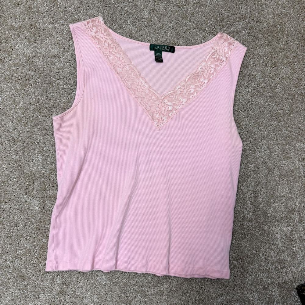 Lauren Ralph Lauren Tank Top Womens Small Pink Lace Trim V Neck Camisole Knit